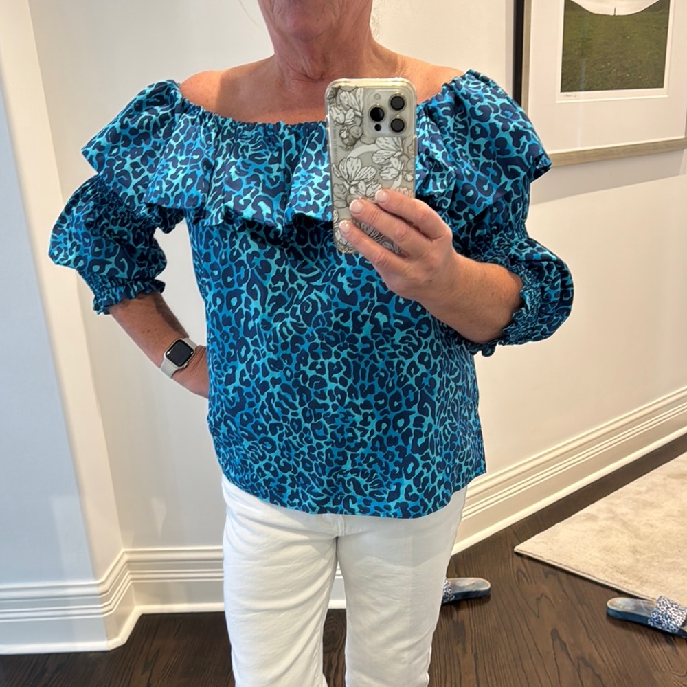 Lilly Pulitzer Blue Leopard Ruffled Puff Sleeve Blouse